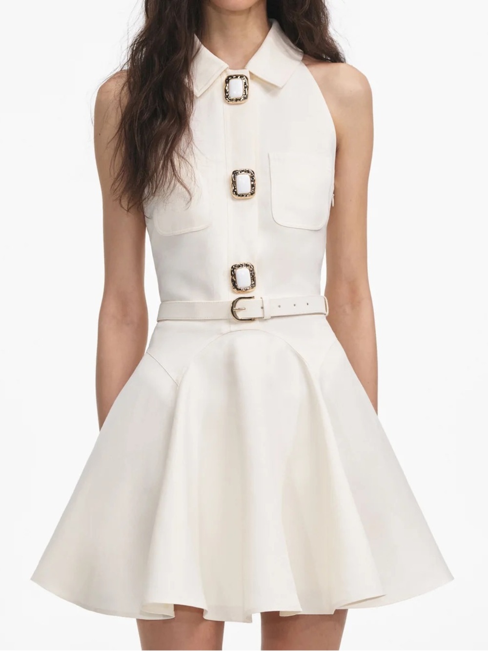Self-Portrait cream white Belted Fit-and-Flare Mini Dress size 8